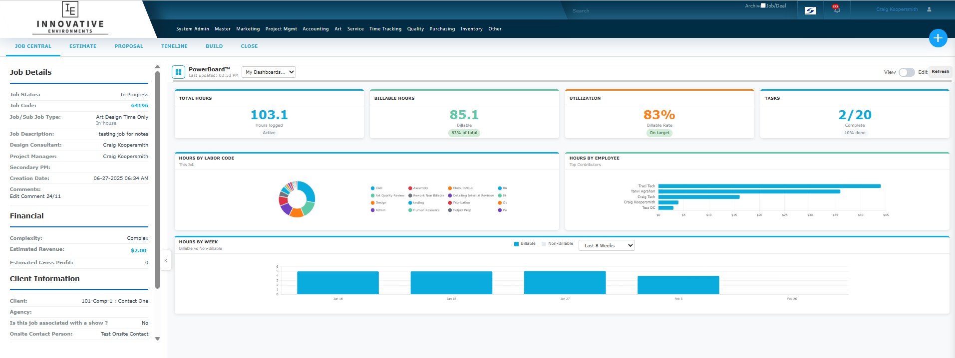 ExhibitPower PowerBoard — job dashboard with hours, utilization, and team performance